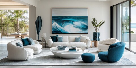 Wall Mural - Coastal living room, ocean view, modern furniture