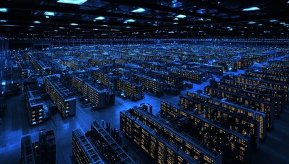 Poster - Vast server room, illuminated blue, showcasing numerous racks of computer hardware.