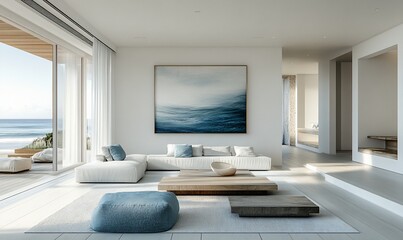 Wall Mural - Coastal living room, ocean view, serene design, modern furniture, relaxing atmosphere