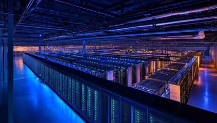 Poster - Vast server room with rows of illuminated data processing units.