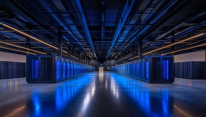 Poster - Modern data center interior with rows of servers and blue lighting.