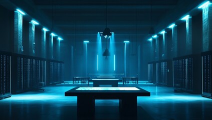 Poster - Futuristic data center with blue lighting, servers, and interactive tables.