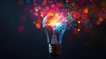 Wall Mural - A light bulb is lit up with a colorful explosion of sparks surrounding it. Concept of energy and excitement, as if the light bulb is bursting with creativity and inspiration