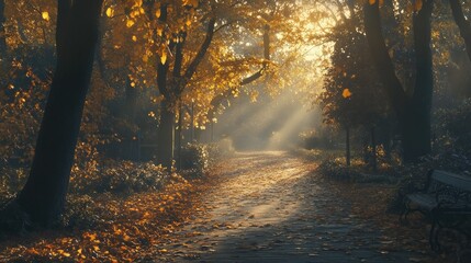 Wall Mural - Autumn park path covered in fallen leaves, surrounded by tall golden trees under soft sunlight.