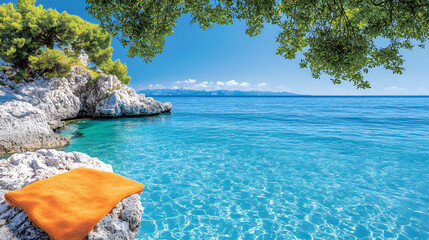 Poster - A serene coastal scene featuring clear turquoise water, rocky shores, and lush greenery under a bright blue sky