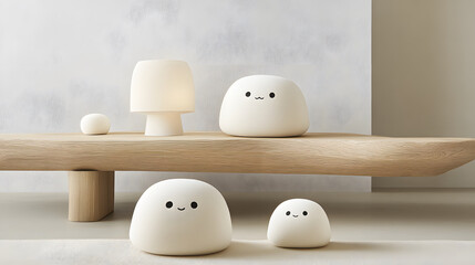 Poster - A serene display of cute, rounded, light-colored figures resembling friendly characters, placed on a minimalist wooden shelf against a soft backdrop