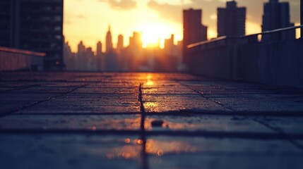 Wall Mural - Cityscape Sunset: A Golden Hour View from an Urban Rooftop
