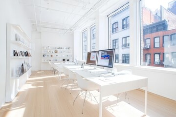 Poster - Bright modern office with white desks, computers, and bookshelves.