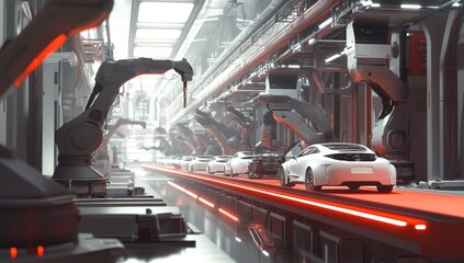Poster - Automated car assembly line with robotic arms.