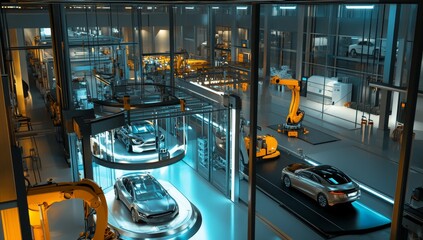 Poster - Modern automotive factory with robotic arms assembling cars on automated production line.