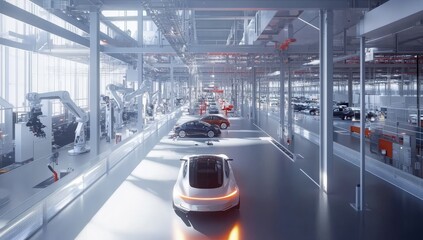 Poster - Modern automotive factory assembly line with robots and cars.