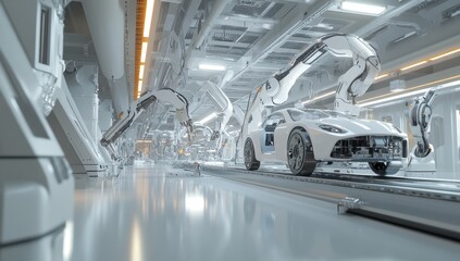 Poster - Robotic assembly line manufacturing futuristic white car.