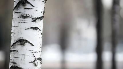 Close-up birch tree trunk, snowy park background, winter nature scene, ideal for nature websites