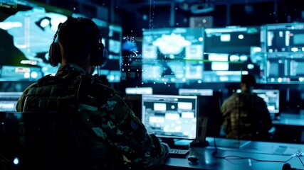 Wall Mural - a military command center with soldiers and digital screens displaying maps