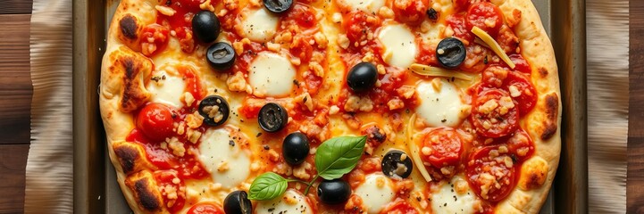 Wall Mural - Italian pizza topped with melted cheese and sliced olives on a baking sheet, top view, delicious, cuisine