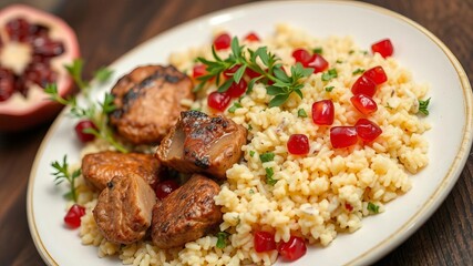 Wall Mural - A tantalizing dish of traditional pilaf with tender meat and garnished with juicy pomegranate seeds, culinary, meat