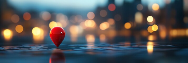 Poster - Red marker pin on reflective surface with blurred city lights background.