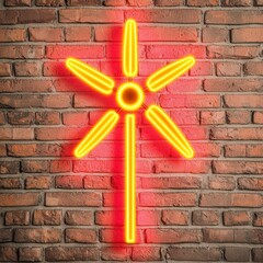 Poster - Bright Neon Lighting Design of a Flower Shape on a Textured Brick Wall in Vibrant Colors and Modern Style