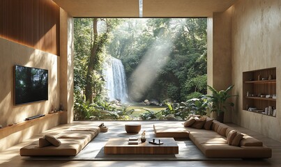 Wall Mural - Modern living room jungle view waterfall serene relaxation home design