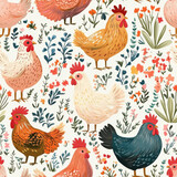 Colorful chickens surrounded by flowers and greenery create vibrant, cheerful pattern. This seamless design is perfect for textiles, wallpapers, or home decor