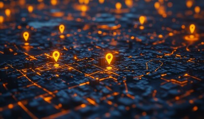Poster - Glowing location markers on a digital city map.