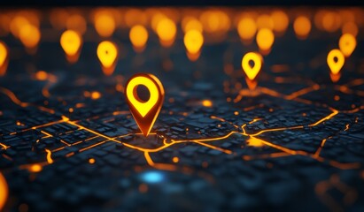 Poster - Glowing location markers on a dark city map.