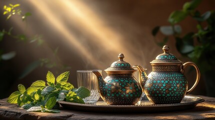 Wall Mural - Sunlit ornate teapots, mint, tray, garden