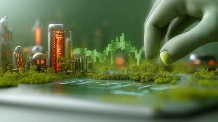 Poster - Hand Interacting with Futuristic Cityscape and Digital Data Visualization in an Eco-Friendly Environment