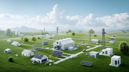 Leinwandbilder - Aerial view of a centralized high tech power grid system that efficiently connects renewable energy farms such as wind and solar with smart cities and towns