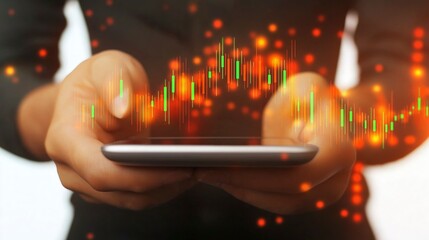 Poster - Hands Holding Smartphone with Financial Data and Stock Market Graph Visualization Overlay