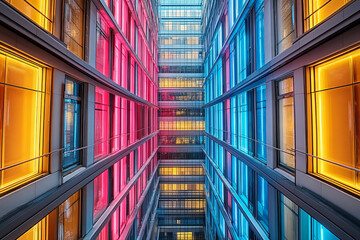 Modern architecture colorful windows urban design geometric patterns glass facade vibrant colors contemporary building cityscape architectural lines symmetry light reflections interior courtyard