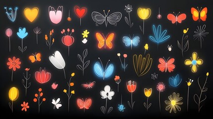 Aufkleber - Captivating floral patterns with neon glow effects on a sleek black background  blending elegance and modernity in a visually striking and digital composition