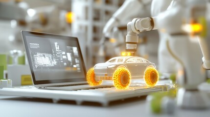 Poster - Robotic Arm Assembling 3D Model of a Car on Laptop in High-Tech Manufacturing Facility