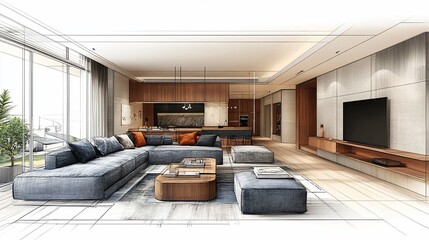 Wall Mural - Modern open-plan living room design sketch (1)