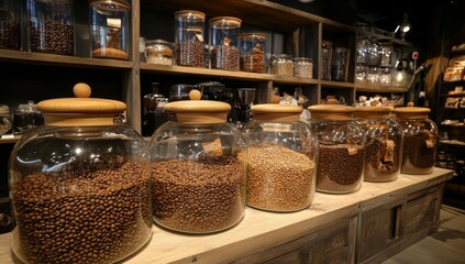 Poster - Glass jars filled with coffee beans and grains on wooden shelves in a store.