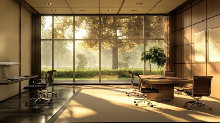 Wall Mural - A modern office space with large windows showcasing a serene outdoor landscape.