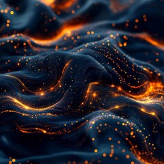 Poster - Abstract glowing dark blue wavy particles background.