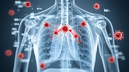 Aufkleber - Detailed X ray visualization of a viral attack on the respiratory tract with red viruses entering the body through the nose and causing potential illness and infection