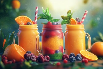 Wall Mural - Three mason jars filled with layered fruit smoothies.