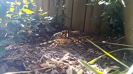 Garden spider web building sunlit mulch
