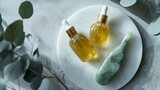 Spa oils, jade roller, marble, eucalyptus, wellness, flatlay, beauty, skincare, product photography