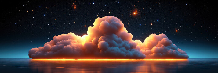 Wall Mural - Celestial Cloud Burst: A luminous cloud formation glows with an ethereal light, seemingly erupting with sparks against a backdrop of a star-studded night sky, reflected in a calm body of water below.