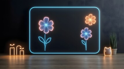 Poster - Glowing neon flowers with soft light effects creating a modern elegant and sleek impression on a dark black canvas background  This digital artwork has a surreal futuristic and contemporary aesthetic