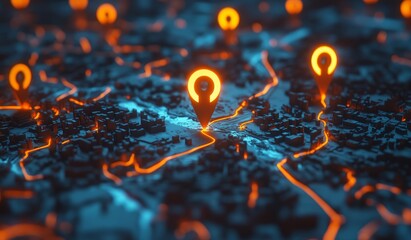 Poster - Glowing location pins on a 3D city map.
