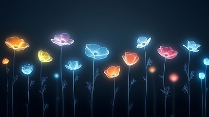 Aufkleber - Mesmerizing luminous floral patterns with soft glowing hues in vibrant colors against a dark black background creating a modern and design style that invokes a sense of imagination and wonder