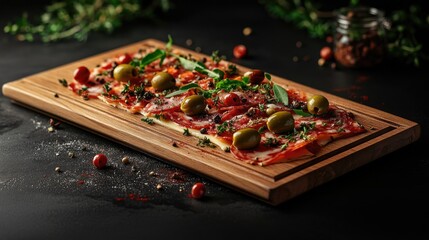 Sticker - Wooden cutting board with pizza and olives