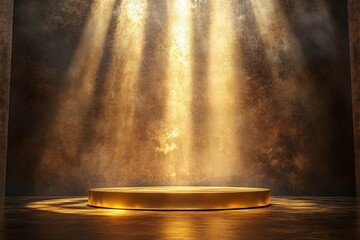 Poster - Golden podium illuminated by spotlights in a dark room.