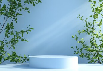 Poster - Light blue cylindrical podium with green plants and sunlight.
