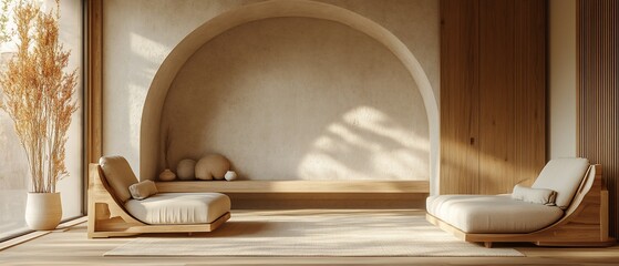 Sticker - Serene minimalist living room, arched wall, sunlight