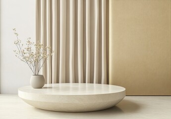 Aufkleber - Beige minimalist room with round marble podium, curtain, and dried flowers.